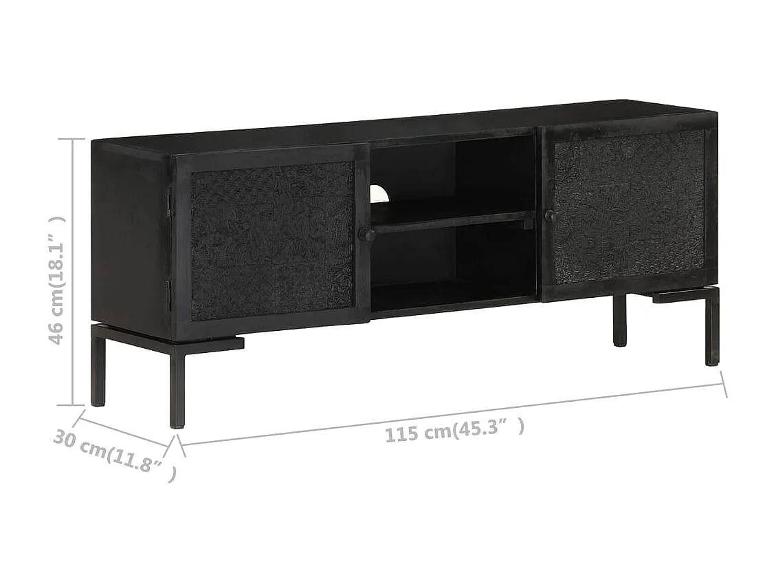 Mobile Porta TV Nero 115x30x46cm in Legno Massello di Mango