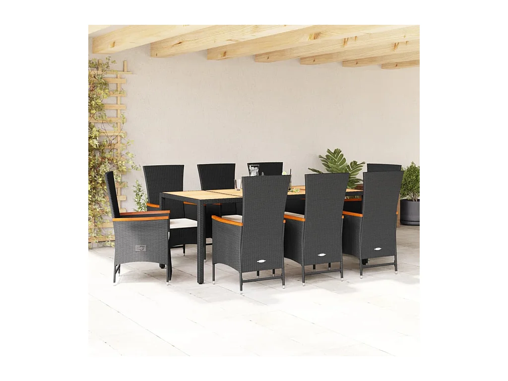 Ensemble à manger de jardin 9pcs coussins noir résine tressée