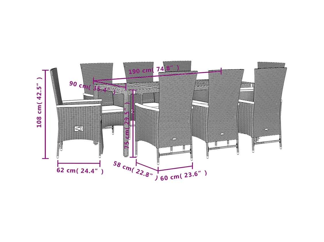 Ensemble à manger de jardin 9pcs coussins noir résine tressée