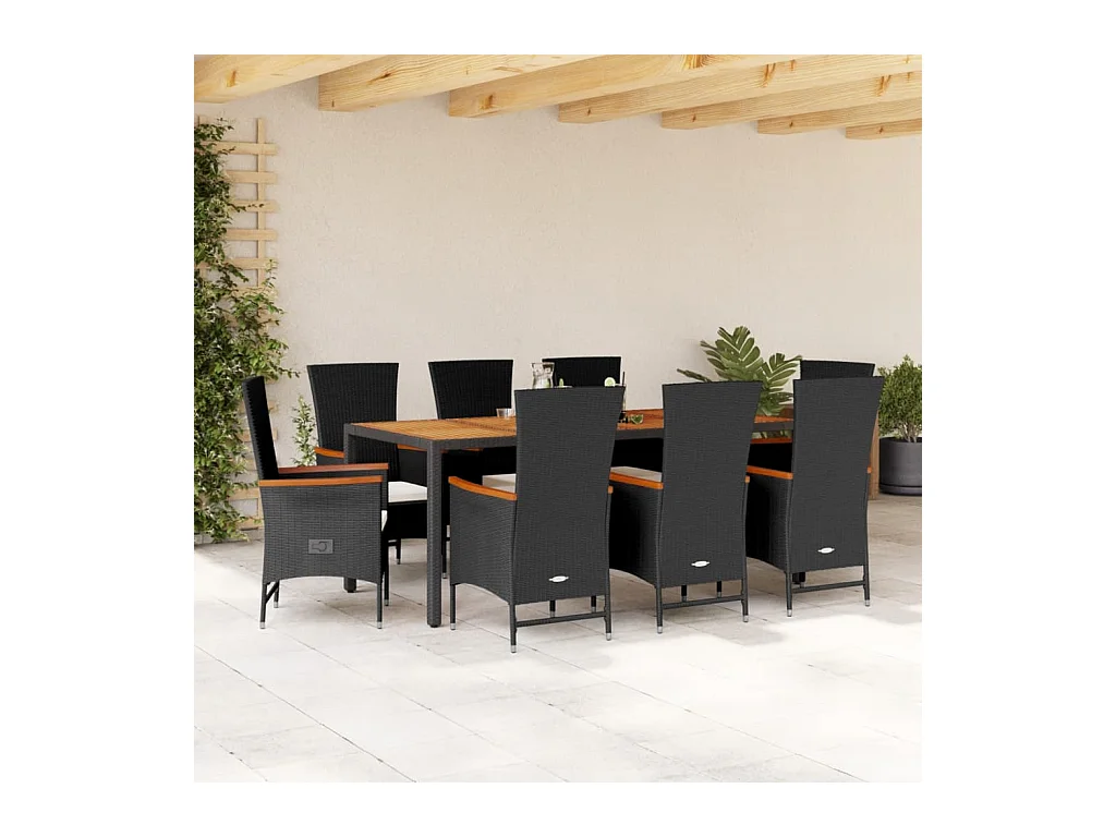 Ensemble à manger de jardin 9pcs coussins noir résine tressée