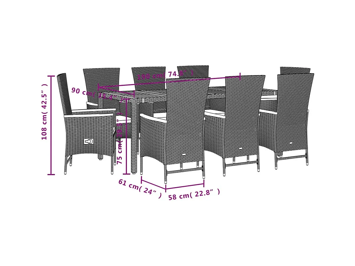 Ensemble à manger de jardin 9pcs coussins noir résine tressée