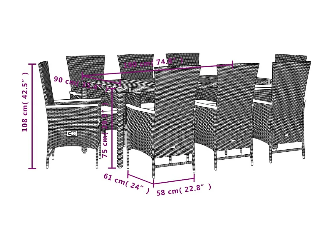 Ensemble à manger de jardin 9pcs coussins noir résine tressée