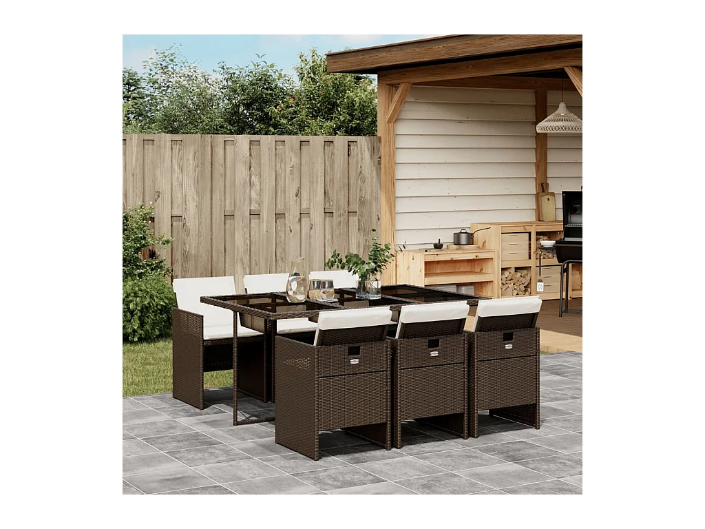 7-tlg. Garten-Essgruppe mit Kissen Braun Poly Rattan