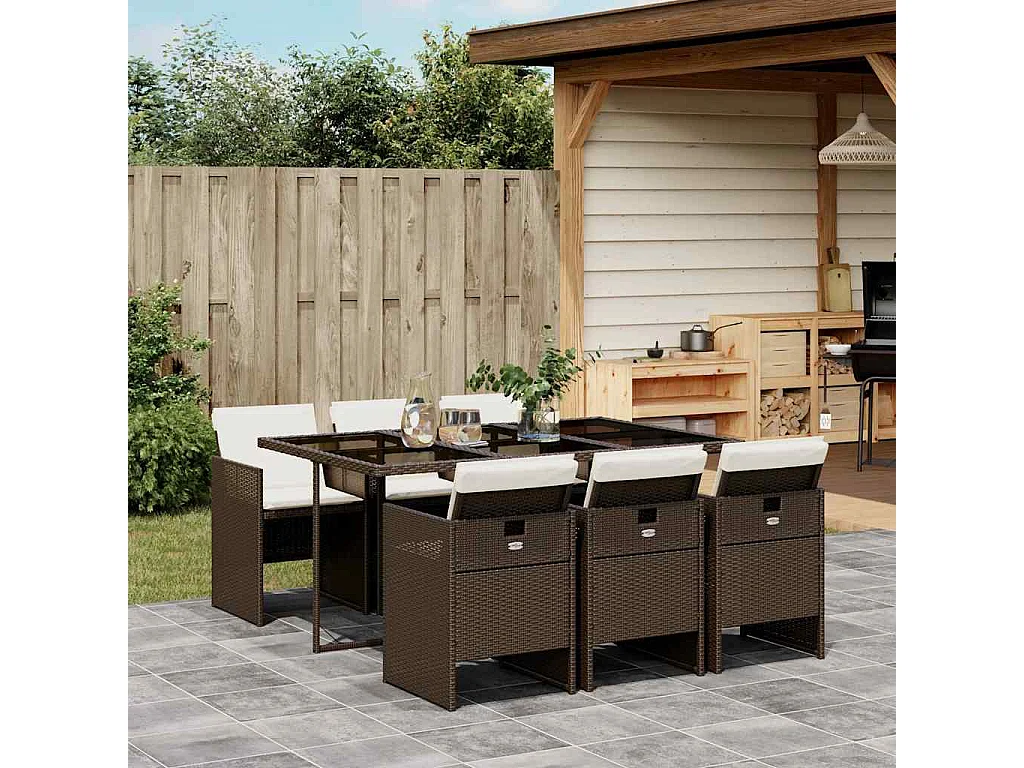 Ensemble à manger de jardin et coussins 7 pcs marron rotin