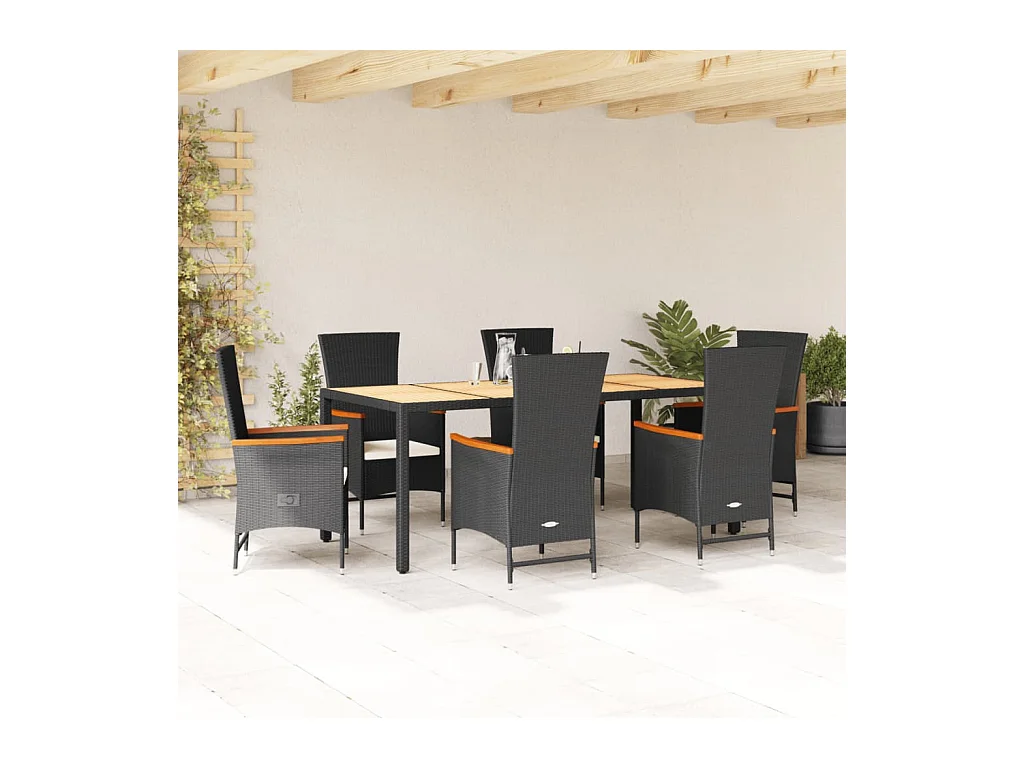 Ensemble à manger de jardin coussins 7pcs Noir Résine tressée