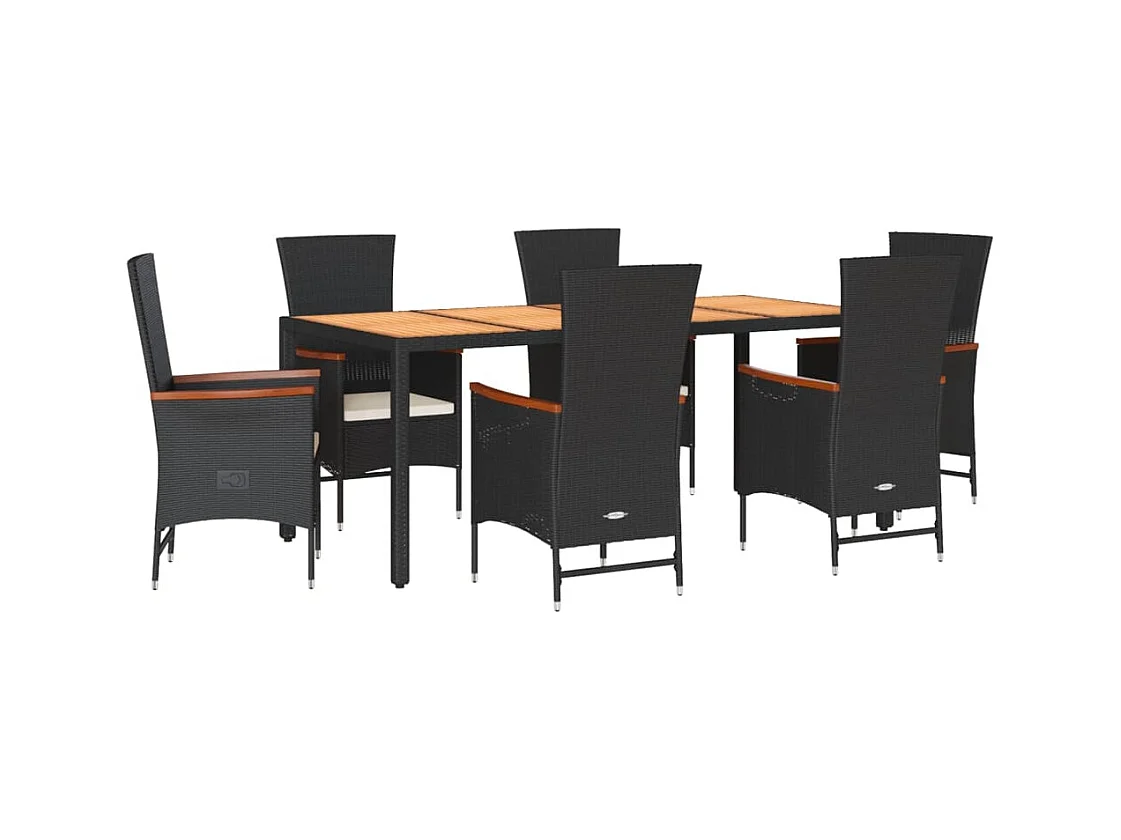 Ensemble à manger de jardin coussins 7pcs Noir Résine tressée