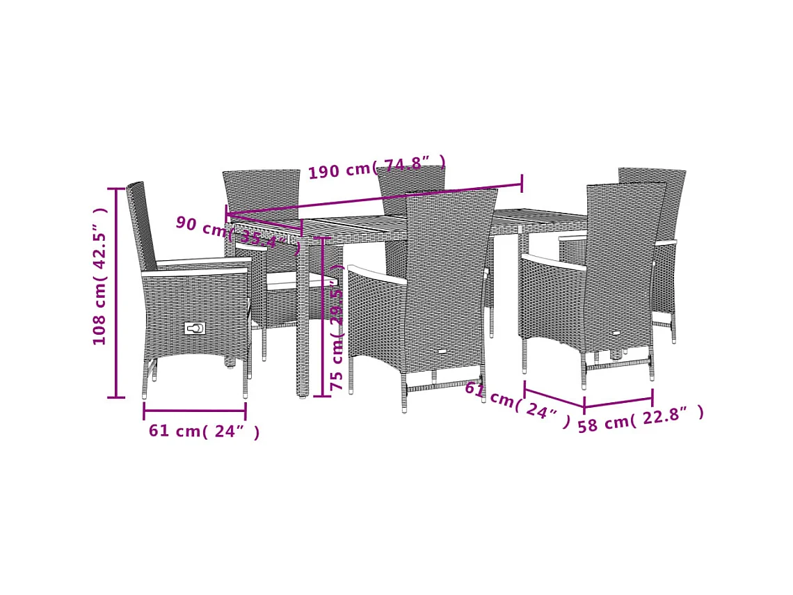 Ensemble à manger de jardin coussins 7pcs Noir Résine tressée
