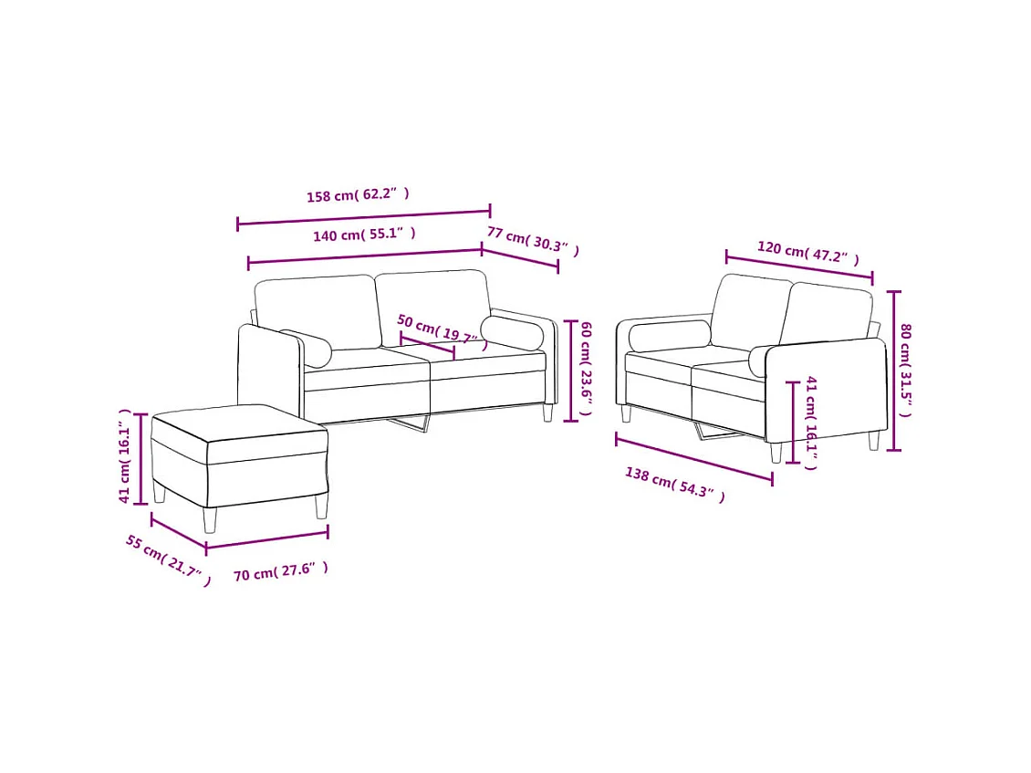 3-delige Loungeset met kussens fluweel zwart