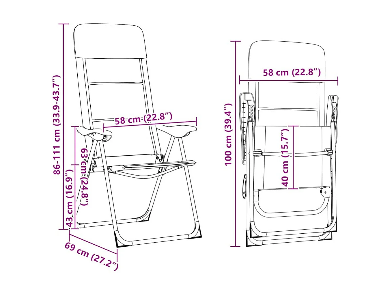 Chaise de camping lot de 2 Gris 58x69x111 cm Aluminium
