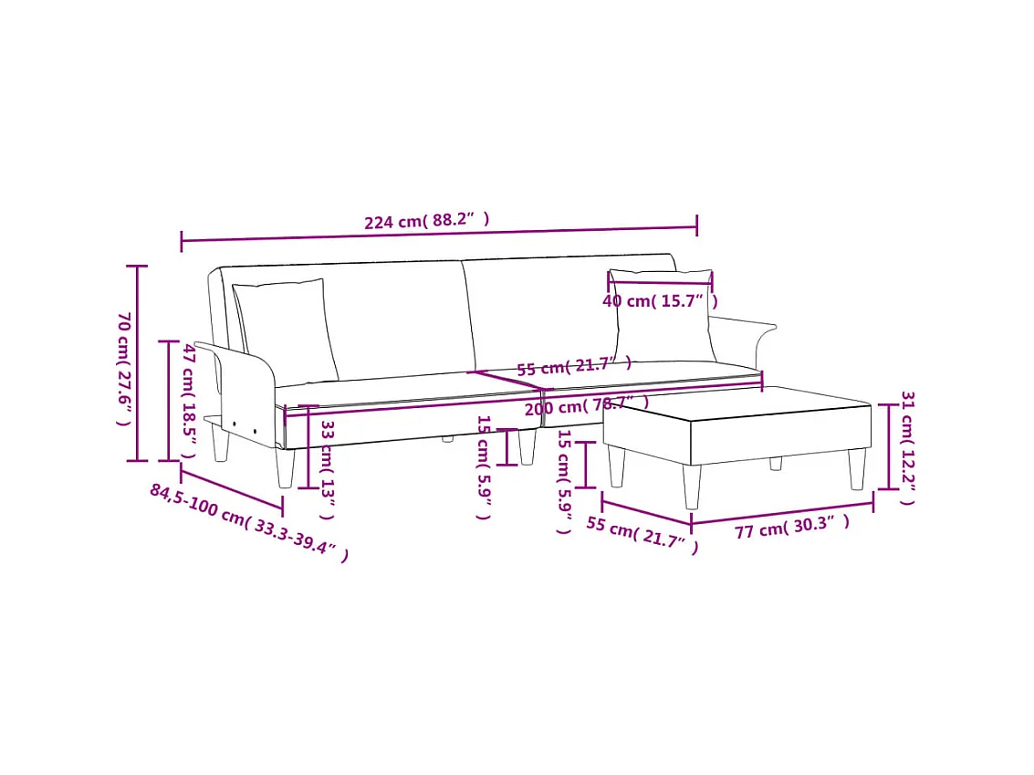 Schlafsofa 2-Sitzer mit Kissen und Fußhocker Dunkelgrau Samt