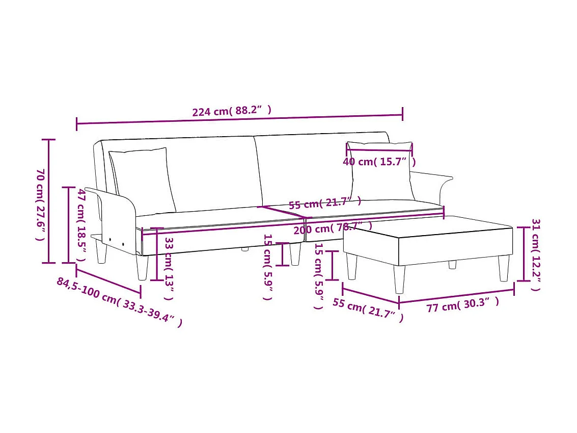 Schlafsofa 2-Sitzer mit Kissen und Fußhocker Dunkelgrau Samt