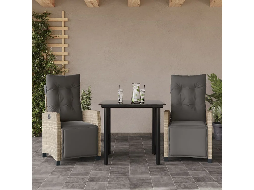Set Pranzo da Giardino 3pz con Cuscini Grigio Chiaro Polyrattan