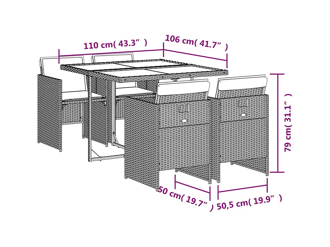 5-tlg. Garten-Essgruppe mit Kissen Braun Poly Rattan