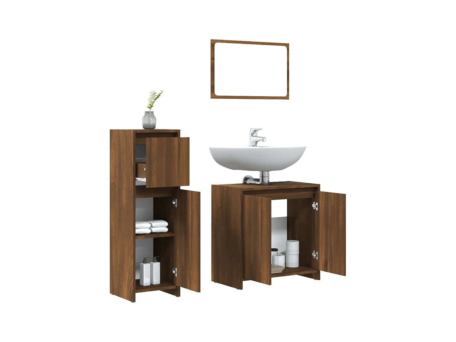 Set Mobili da Bagno 3 pz Rovere Marrone in Legno Multistrato
