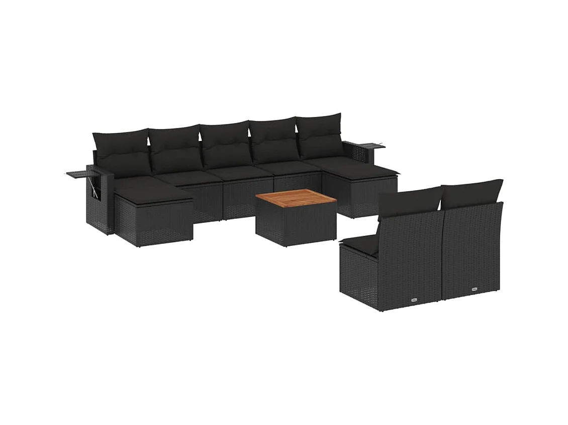 10-tlg. Garten-Sofagarnitur mit Kissen Schwarz Poly Rattan