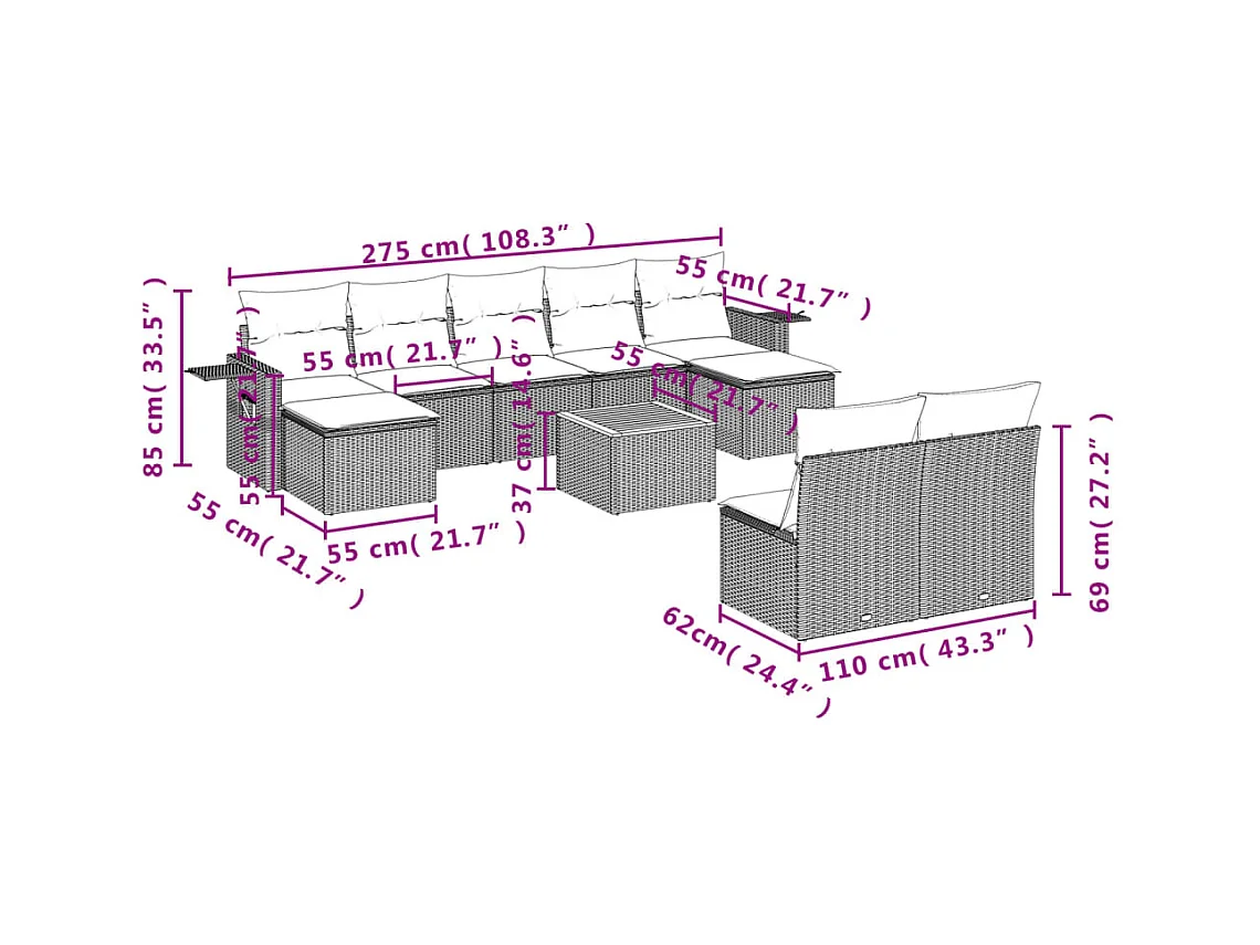10-tlg. Garten-Sofagarnitur mit Kissen Schwarz Poly Rattan