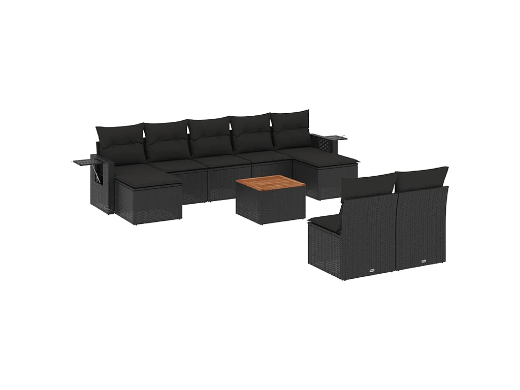 10-delige Loungeset met kussens poly rattan zwart