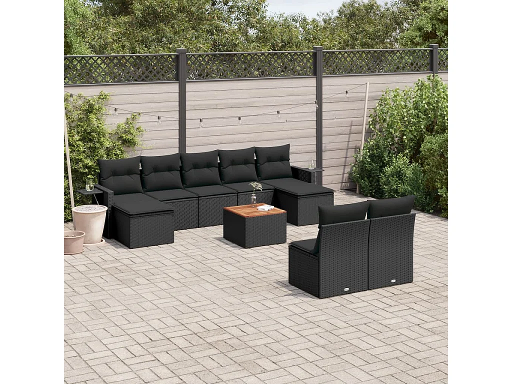 10-delige Loungeset met kussens poly rattan zwart