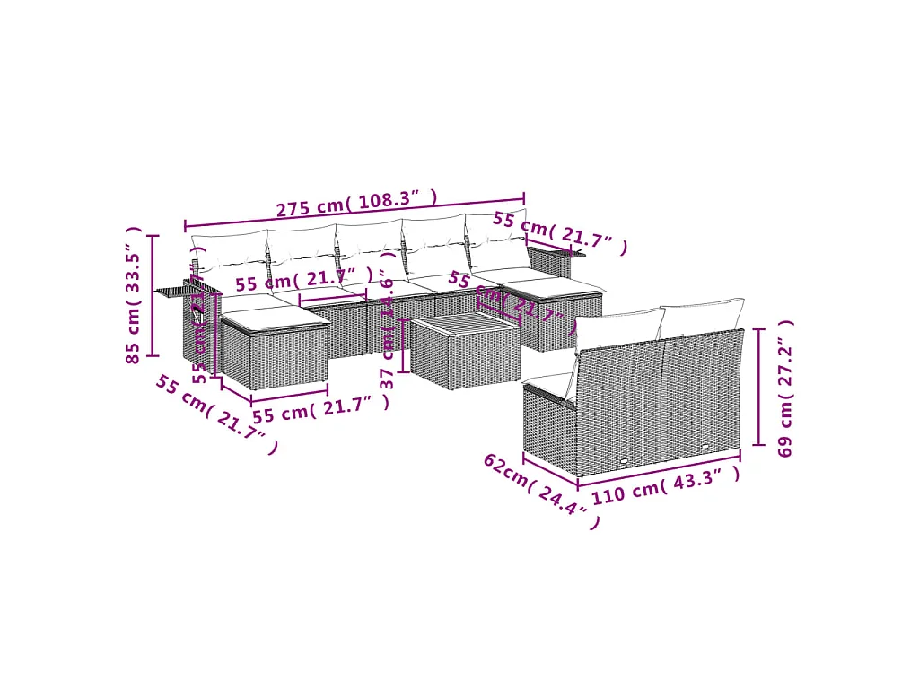 10-delige Loungeset met kussens poly rattan zwart