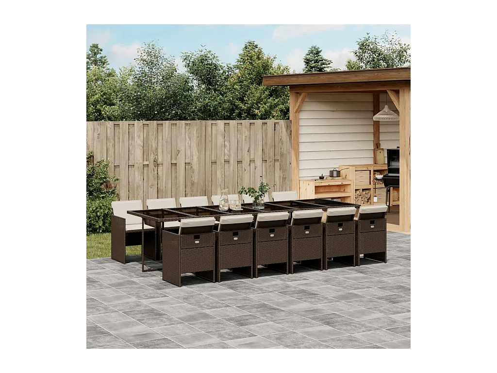 Ensemble à manger de jardin avec coussins 13 pcs marron rotin