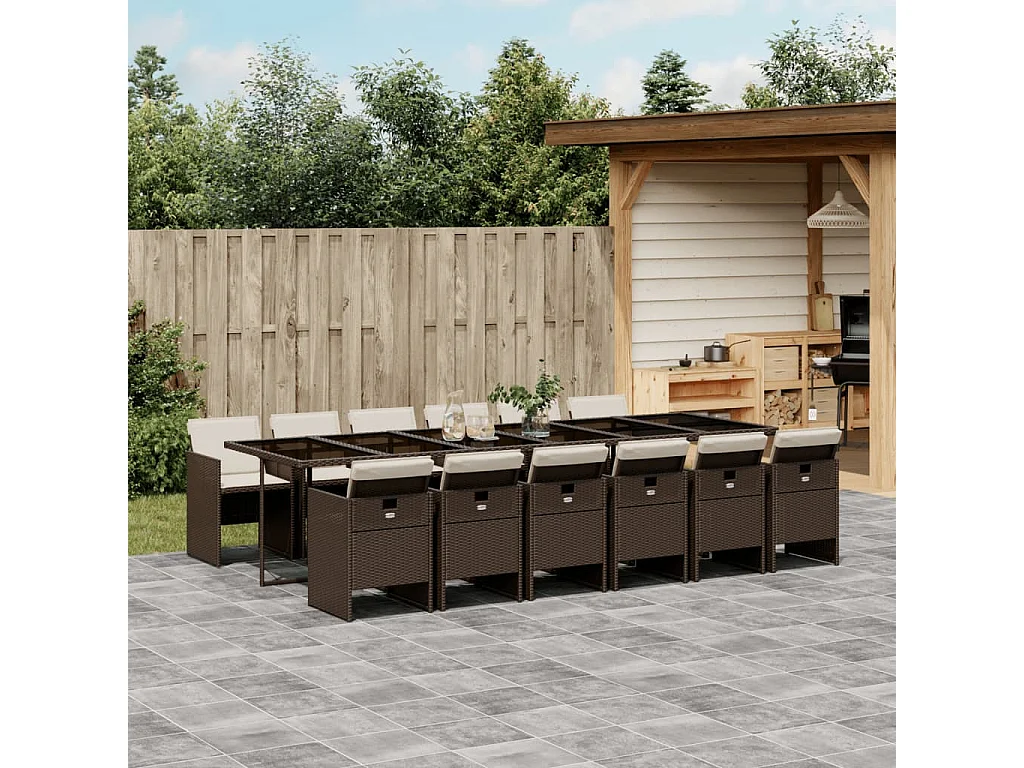 Ensemble à manger de jardin avec coussins 13 pcs marron rotin
