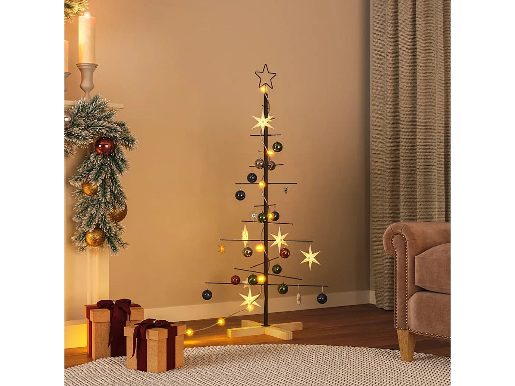 Kerstdecoratie kerstboom met houten basis 120 cm metaal zwart