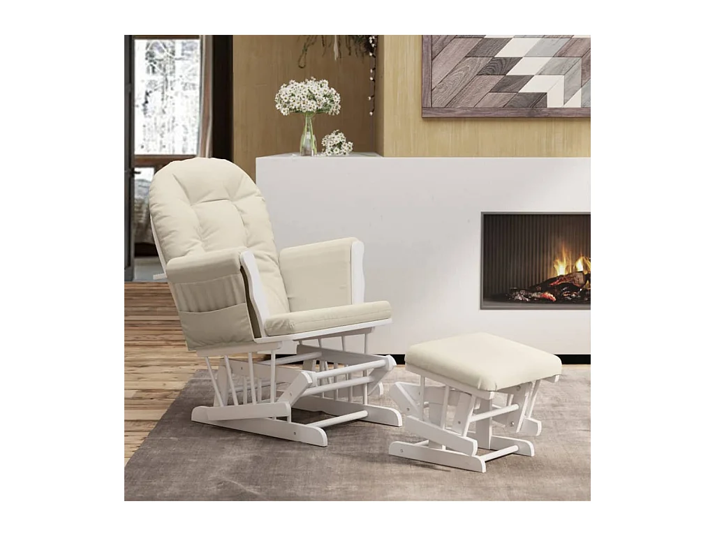 Chaise berçante avec repose-pied Blanc crème Tissu