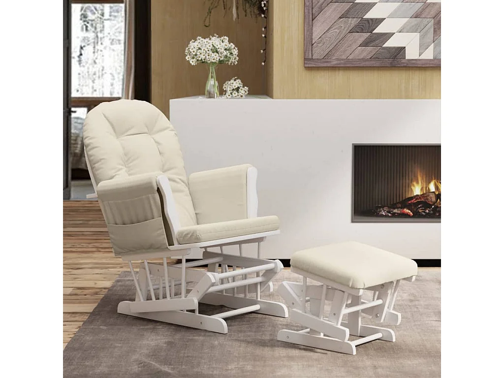 Chaise berçante avec repose-pied Blanc crème Tissu