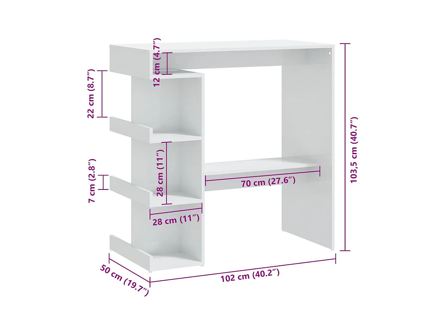 Table de bar étagère de rangement Blanc brillant 100x50x101,5cm