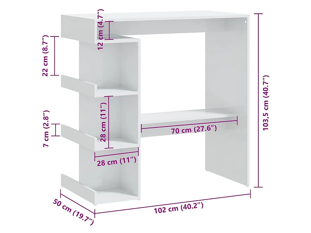 Tavolo da Bar con Ripiani Bianco Lucido 100x50x101,5 cm
