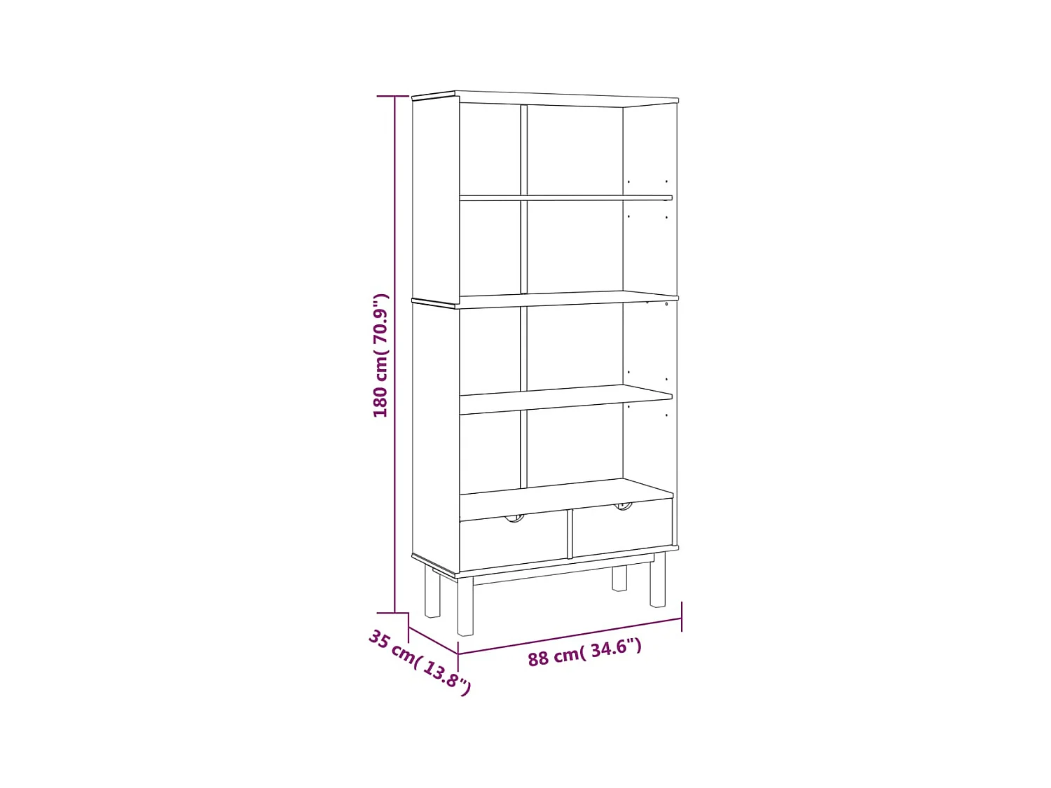Bücherregal OTTA mit 2 Schubladen Braun Massivholz Kiefer