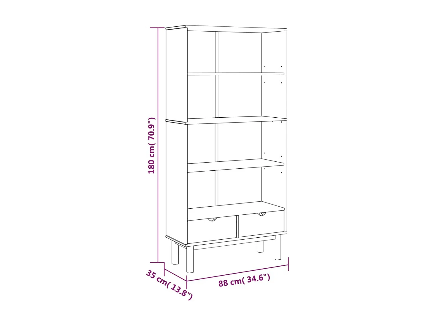 Bücherregal OTTA mit 2 Schubladen Braun Massivholz Kiefer