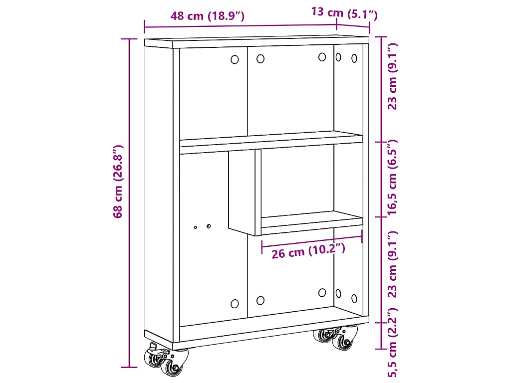 Chariot de rangement étroit blanc 48x13x68 cm bois d'ingénierie