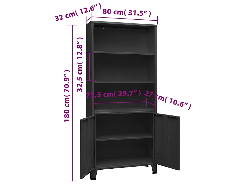 Bibliothèque industrielle Anthracite 80x32x180 cm Acier