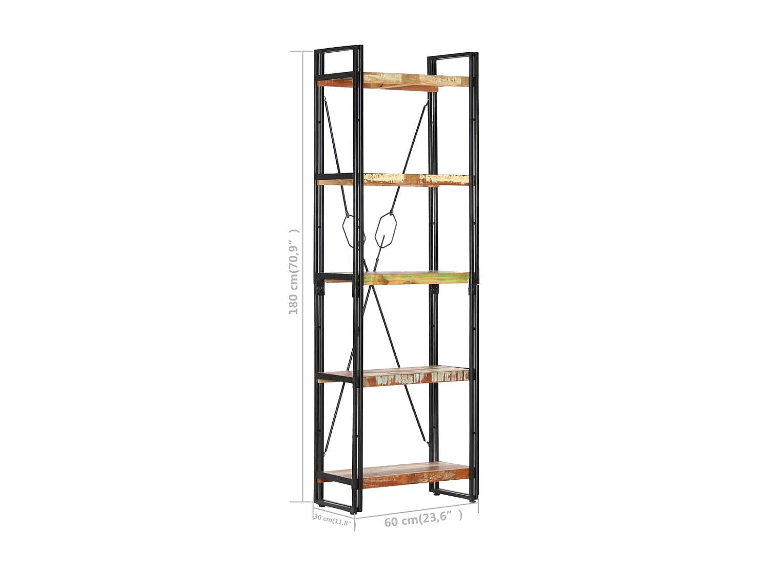 Libreria a 5 Ripiani 60x30x180 cm in Massello di Recupero