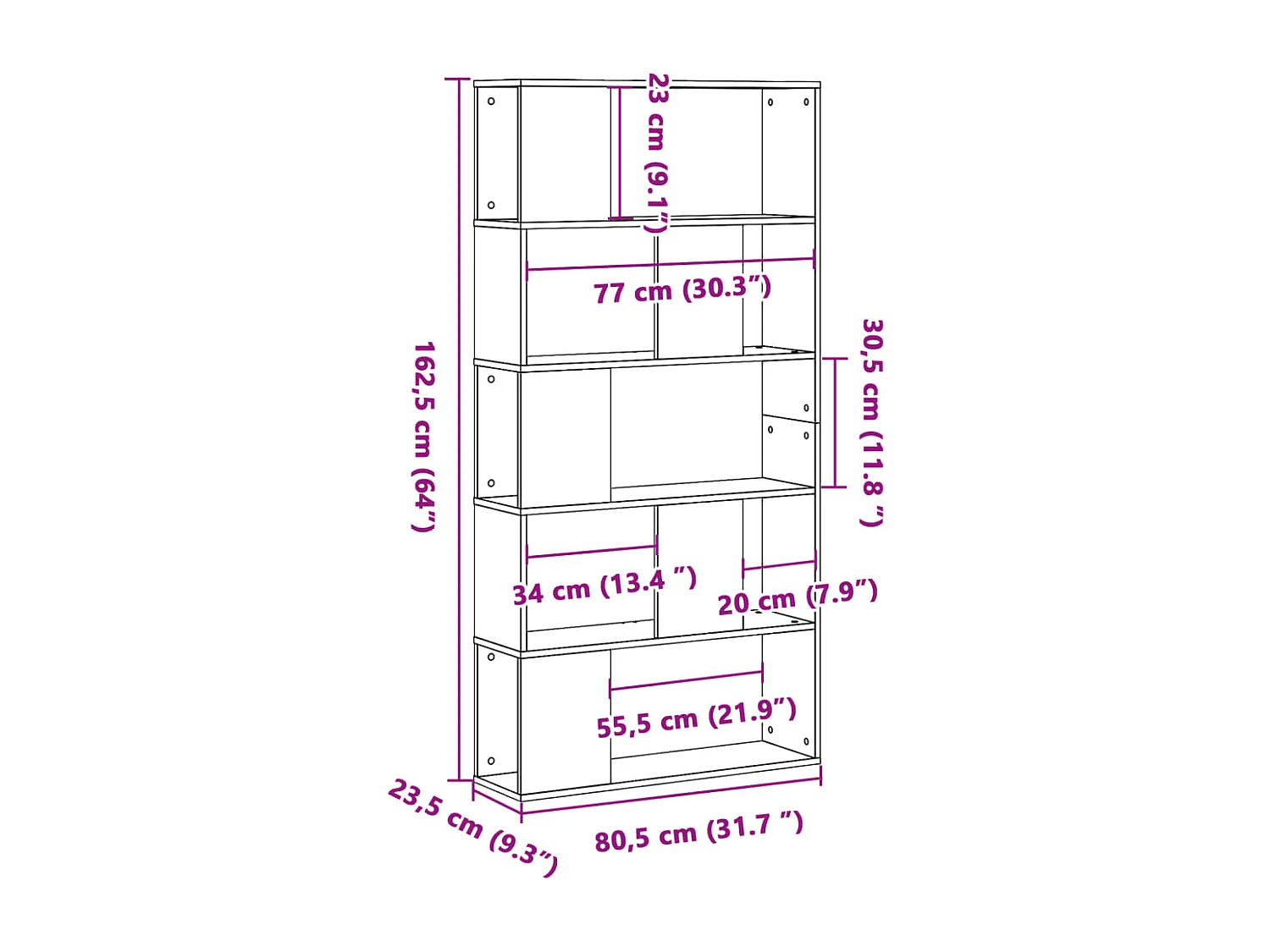 Boekenkast 5-laags 80,5x23,5x162,5 cm bewerkt hout grijs sonoma
