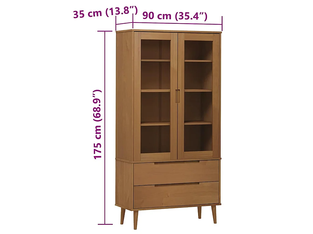 Armoire à vitrine MOLDE Marron 90x35x175 cm Bois de pin massif