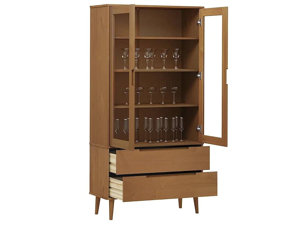Vitrinenschrank MOLDE Braun 90x35x175 cm Massivholz Kiefer