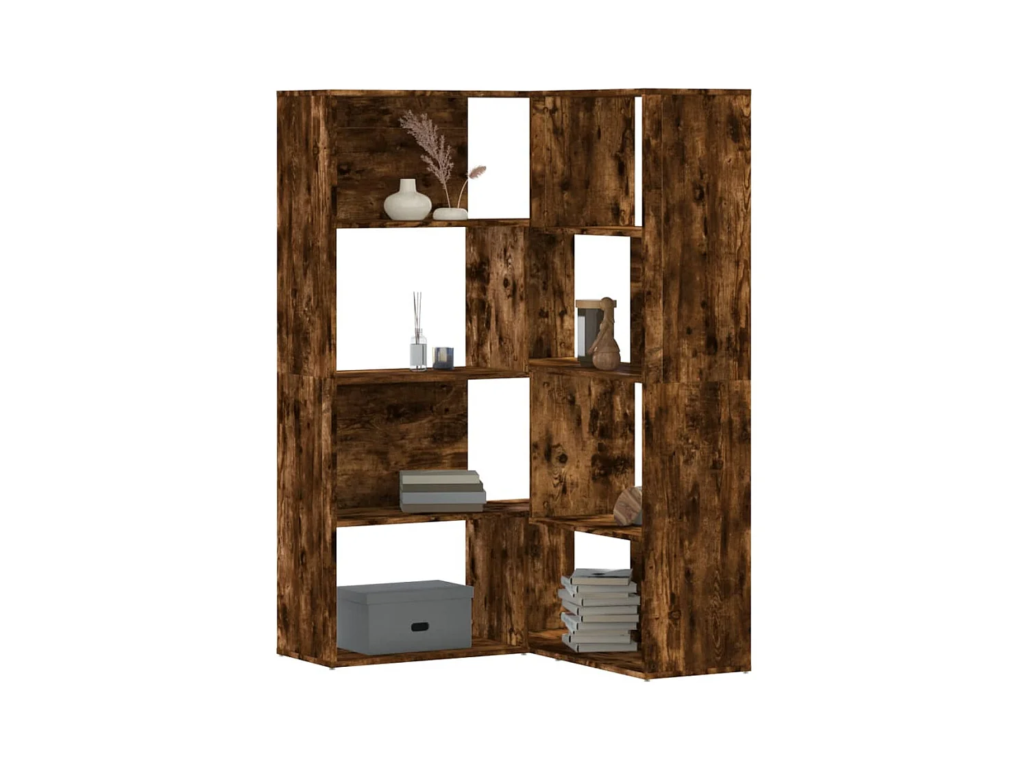 Bibliothèque d'angle à 4 niveaux chêne fumé bois d'ingénierie