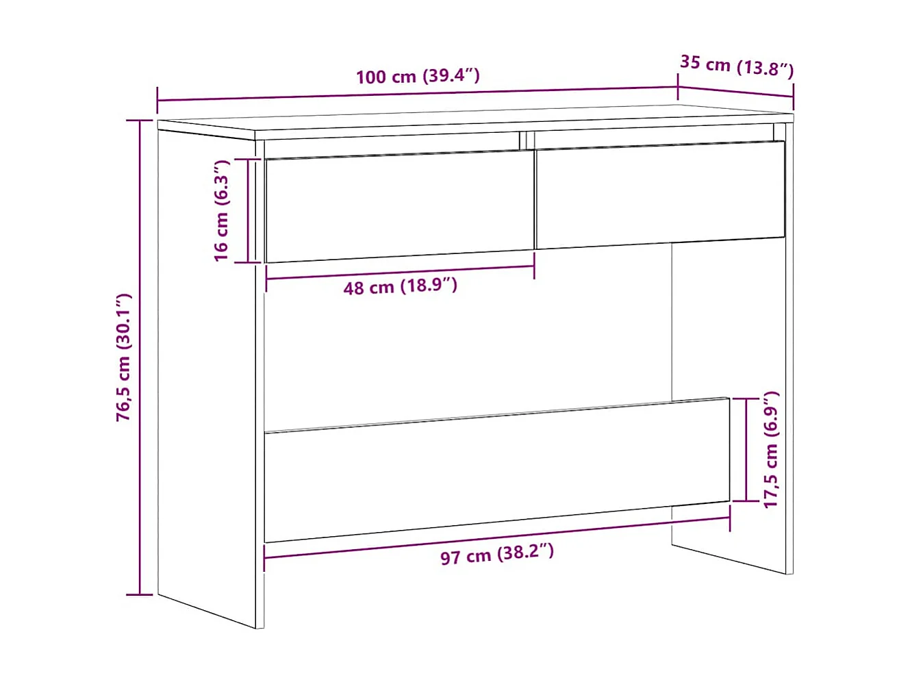 Table console chêne artisanal 100x35x76,5 cm bois d'ingénierie