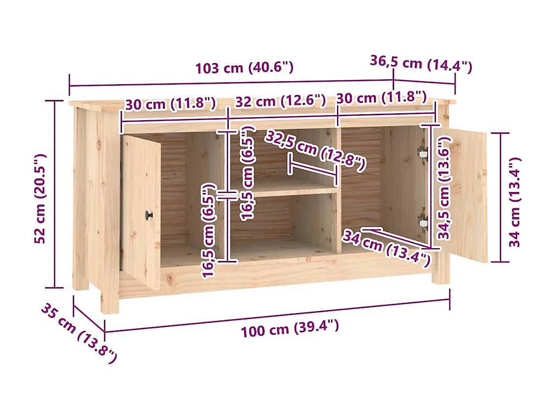 Mueble de TV de madera maciza de pino 103x36,5x52 cm