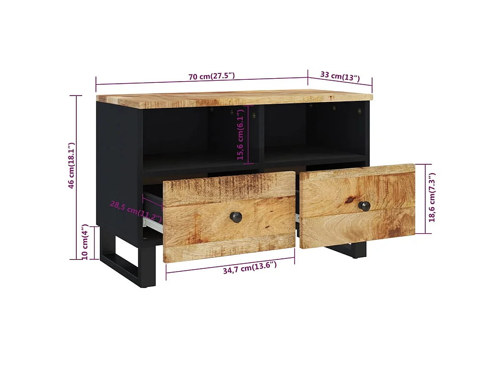 Mobile Porta TV 70x33x46 cm in Legno Massello di Mango