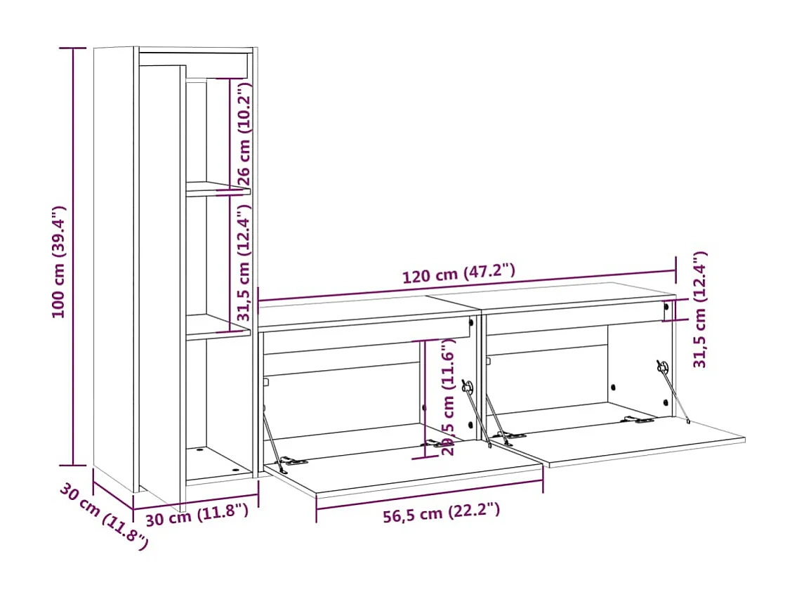 Móveis de TV 3 pcs madeira de pinho maciça