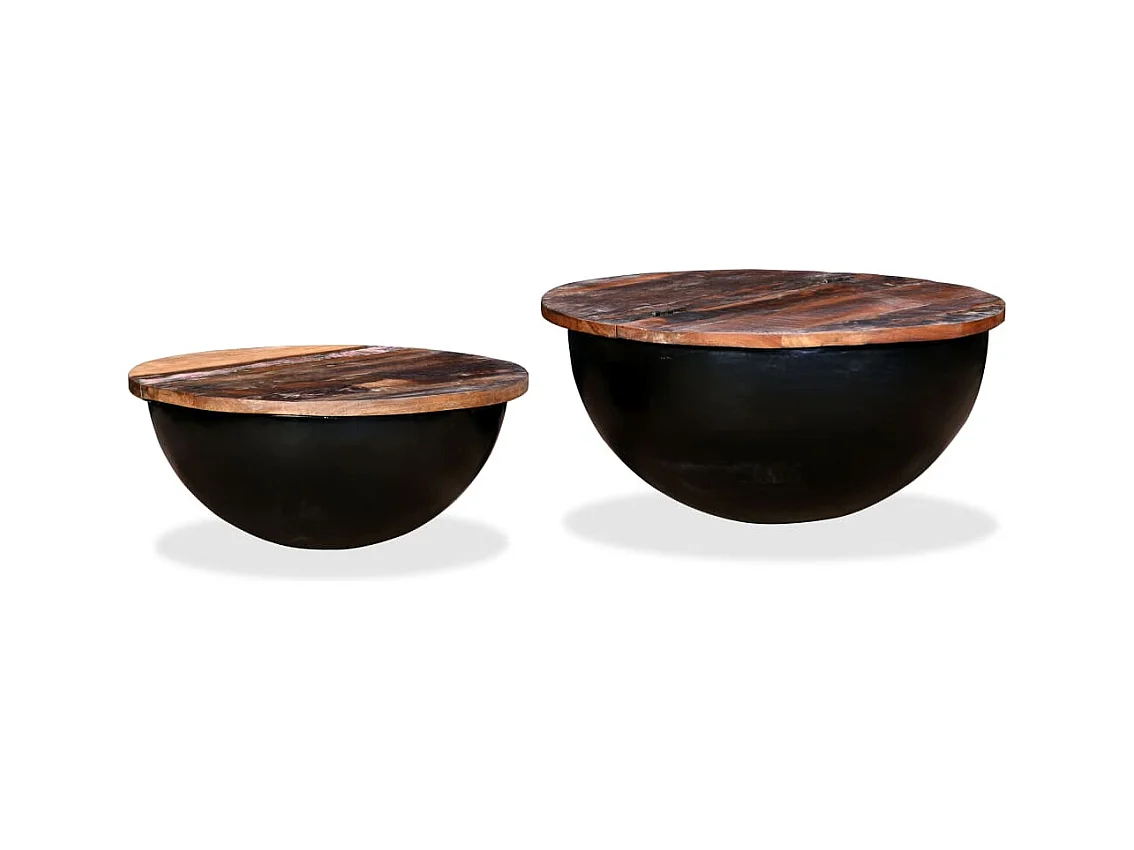 Conj. mesas centro 2 pcs madeira reciclada preto forma tigela