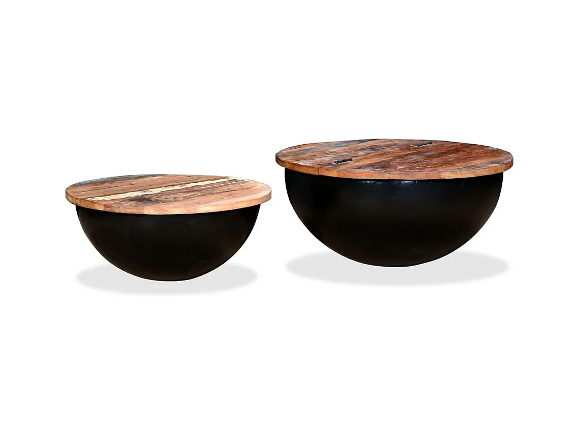 Conj. mesas centro 2 pcs madeira reciclada preto forma tigela
