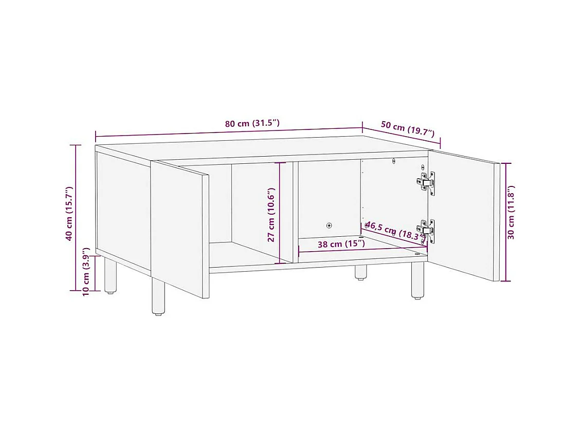 Tavolino da Salotto Nero 80x50x40cm Legno Massello Mango Grezzo