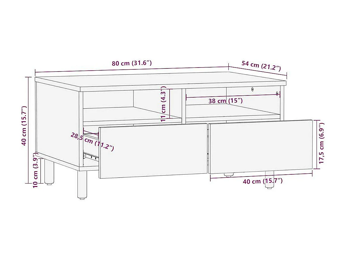 Table basse noir 80x54x40 cm bois massif de manguier brut