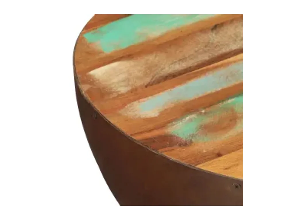 Mesa centro c/ forma de tigela e base de aço, madeira reciclada