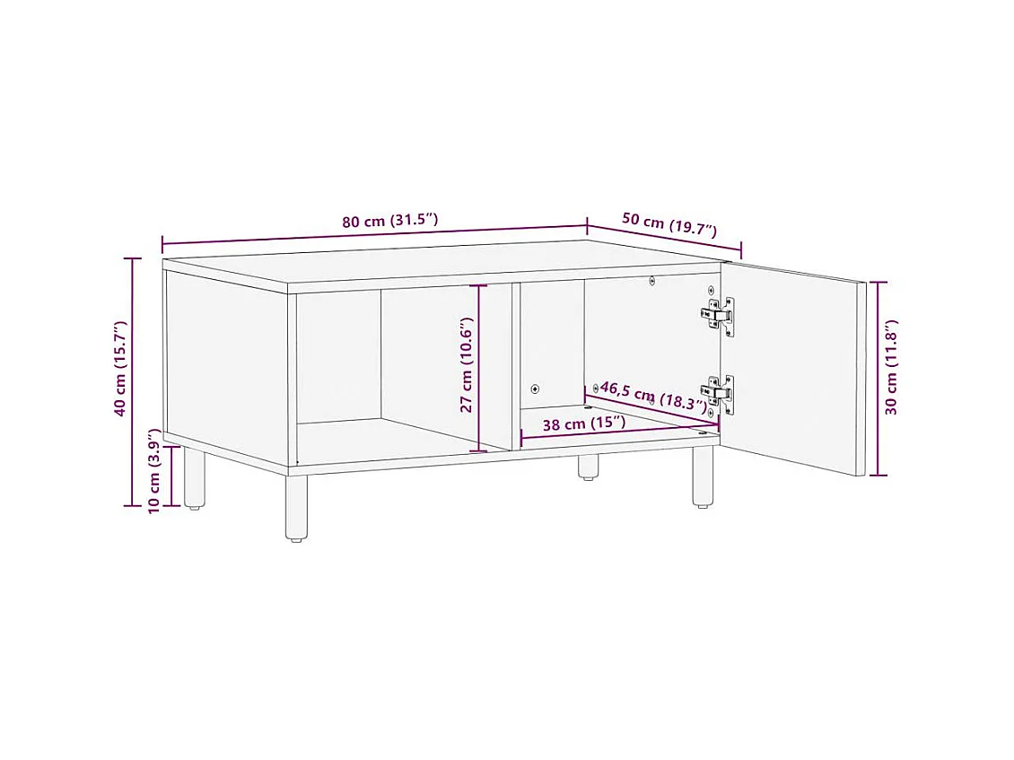 Tavolino da Salotto Nero 80x50x40cm Legno Massello Mango Grezzo