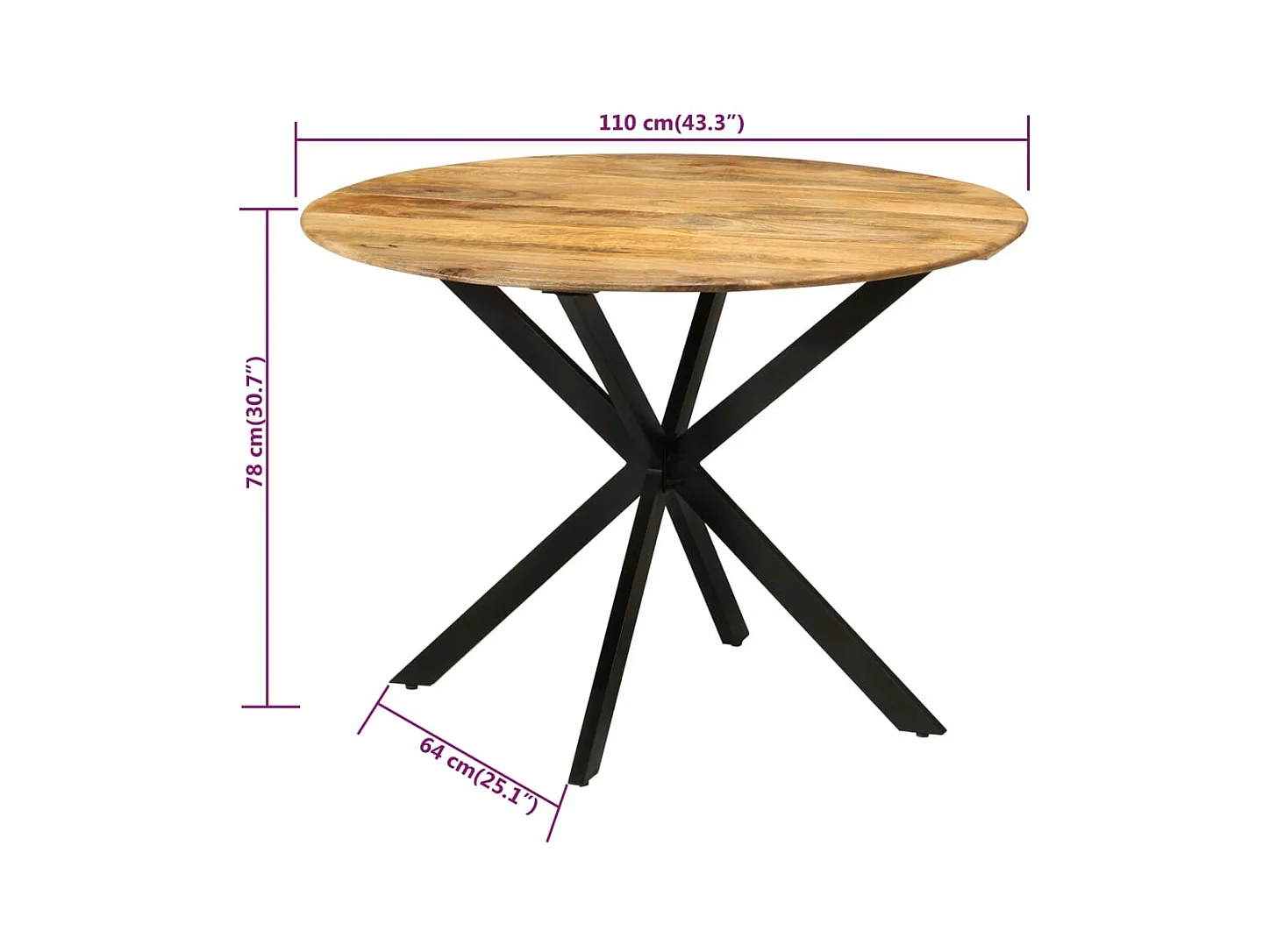 Tavolo da Pranzo Ø110x78cm in Legno Massello di Mango e Acciaio